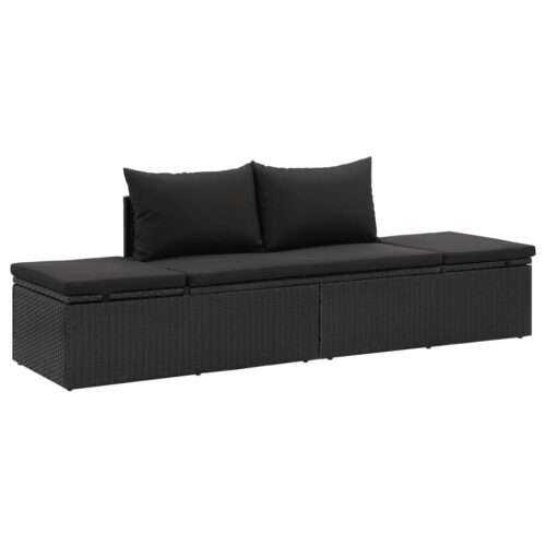 Sun Bed with Cushions Poly Rattan Black - Image 2