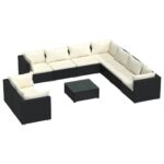 10-Piece Garden Lounge Set with Cushions Black Poly Rattan Wicker Outdoor Patio Furniture