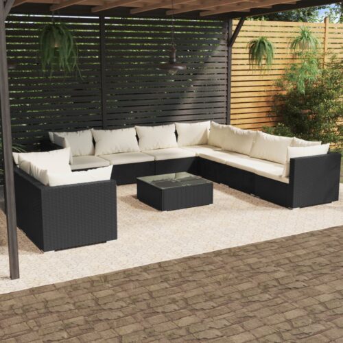 10-Piece Garden Lounge Set with Cushions Black Poly Rattan Wicker Outdoor Patio Furniture - Image 2