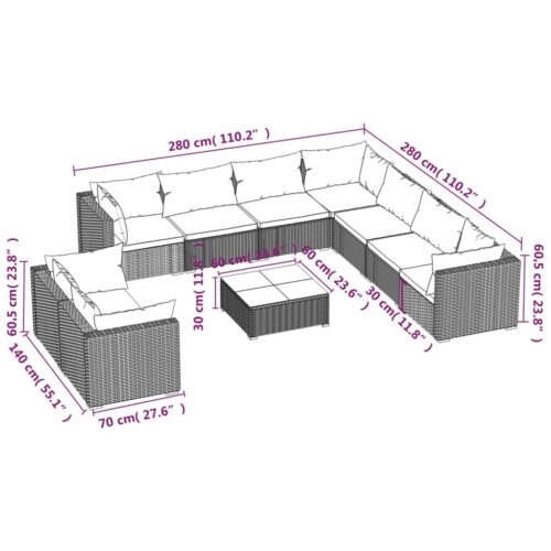 10-Piece Garden Lounge Set with Cushions Black Poly Rattan Wicker Outdoor Patio Furniture - Image 6