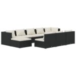 10-Piece Garden Lounge Set with Cushions Black Poly Rattan Wicker Outdoor Patio Furniture
