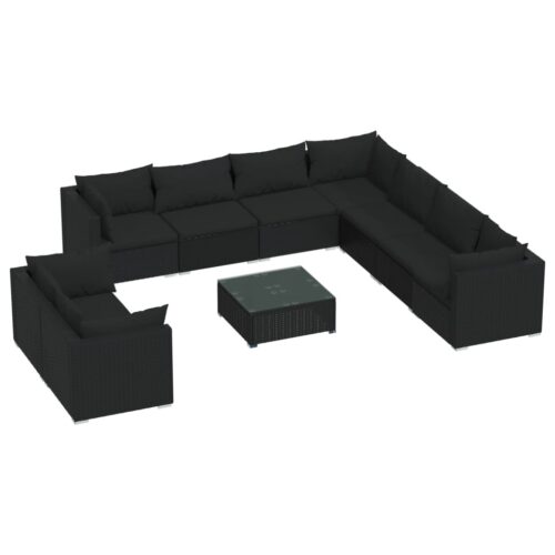 10-Piece Garden Lounge Set with Cushions Black Poly Rattan Wicker Outdoor Patio Furniture