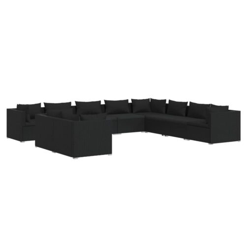 10-Piece Garden Lounge Set with Cushions Black Poly Rattan Wicker Outdoor Patio Furniture