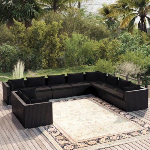 10-Piece Garden Lounge Set with Cushions Black Poly Rattan Wicker Outdoor Patio Furniture - Image 2