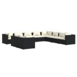 10-Piece Garden Lounge Set with Cushions Black Poly Rattan Wicker Outdoor Patio Furniture