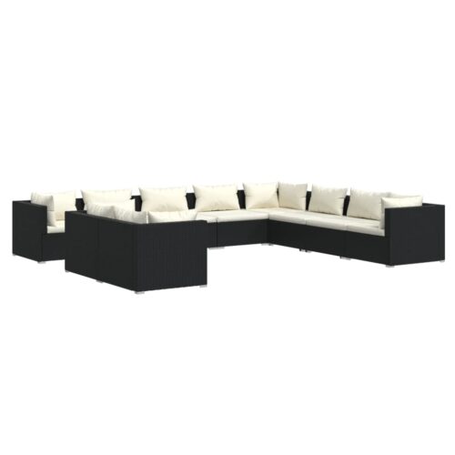 10-Piece Garden Lounge Set with Cushions Black Poly Rattan Wicker Outdoor Patio Furniture