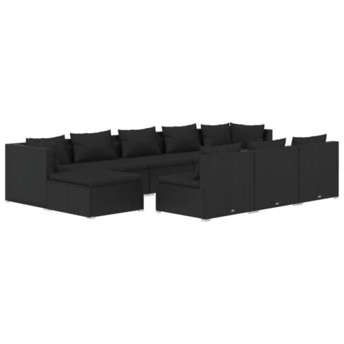 10-Piece Garden Lounge Set with Cushions Black Poly Rattan Wicker Outdoor Patio Furniture