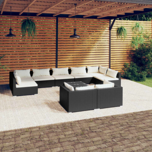10-Piece Garden Lounge Set with Cushions Black Poly Rattan Wicker Outdoor Patio Furniture - Image 2