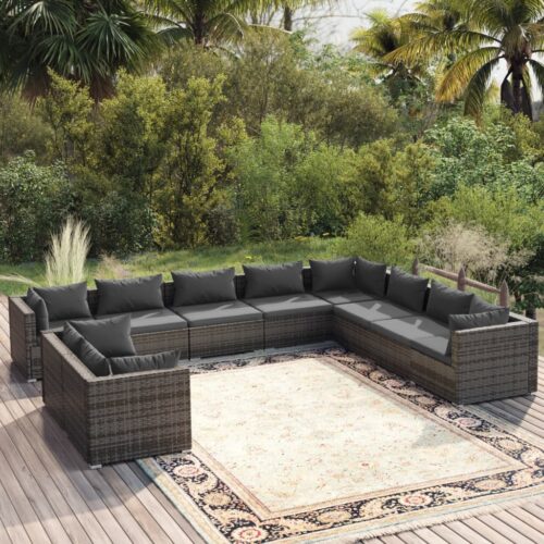 10-Piece Garden Lounge Set with Cushions Grey Poly Rattan Wicker Outdoor Patio Furniture - Image 2