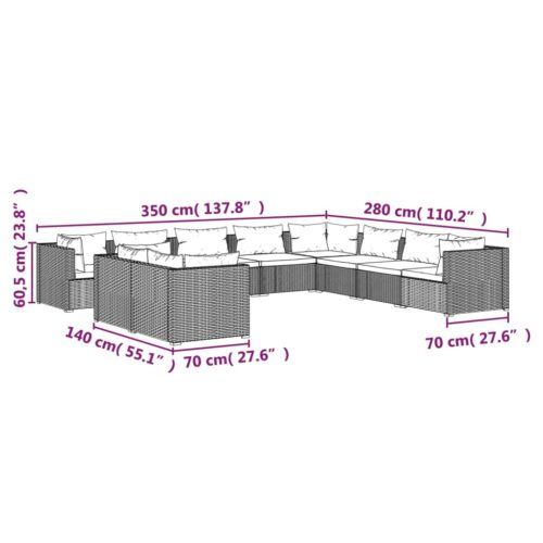 10-Piece Garden Lounge Set with Cushions Grey Poly Rattan Wicker Outdoor Patio Furniture - Image 5