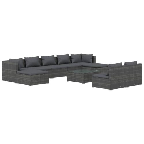 10-Piece Garden Lounge Set with Cushions Grey Poly Rattan Wicker Outdoor Patio Furniture