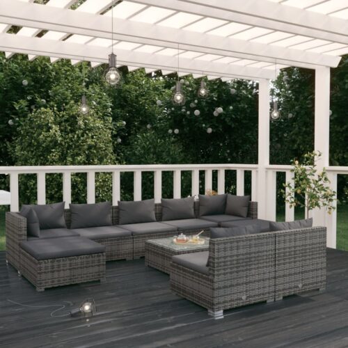 10-Piece Garden Lounge Set with Cushions Grey Poly Rattan Wicker Outdoor Patio Furniture - Image 2
