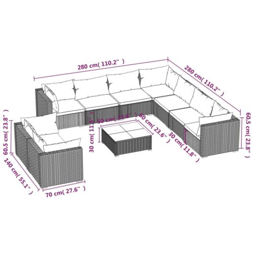 10-Piece Garden Lounge Set with Cushions Grey Poly Rattan Wicker Outdoor Patio Furniture - Image 6