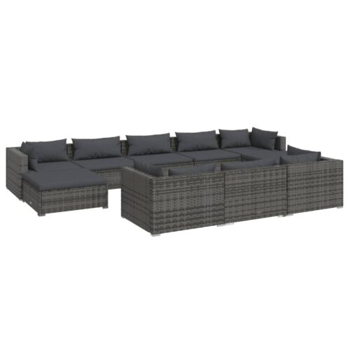 10-Piece Garden Lounge Set with Cushions Grey Poly Rattan Wicker Outdoor Patio Furniture