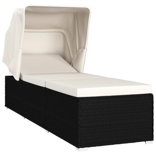 Sun Lounger with Canopy Cushion Poly Rattan Cream White