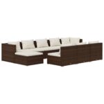 10-Piece Garden Lounge Set with Cushions Brown Poly Rattan Wicker Outdoor Patio Furniture