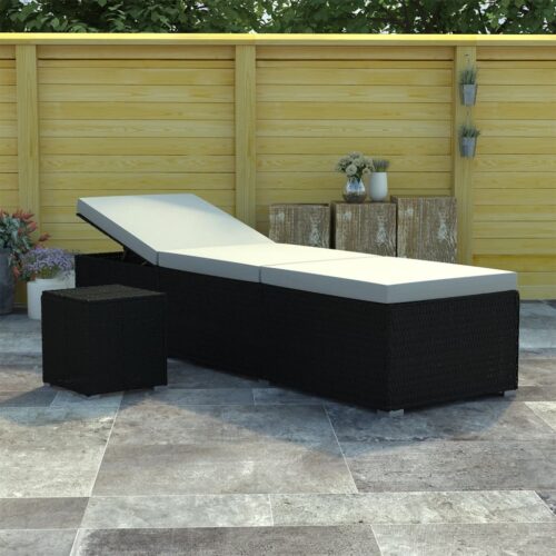 Sun Lounger with Cushion Tea Table Poly Rattan Cream White - Image 11