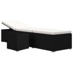 Sun Lounger with Cushion Tea Table Poly Rattan Cream White