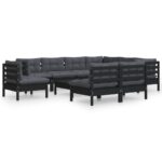10-Piece Garden Lounge Set with Cushions Black Pine Wood Outdoor Patio Furniture