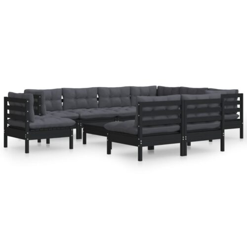 10-Piece Garden Lounge Set with Cushions Black Pine Wood Outdoor Patio Furniture