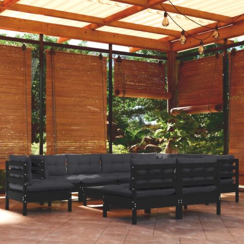 10-Piece Garden Lounge Set with Cushions Black Pine Wood Outdoor Patio Furniture - Image 2