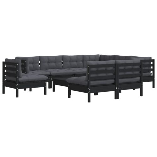 10-Piece Garden Lounge Set with Cushions Black Pine Wood Outdoor Patio Furniture - Image 3