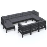 10-Piece Garden Lounge Set with Cushions Black Pine Wood Outdoor Patio Furniture