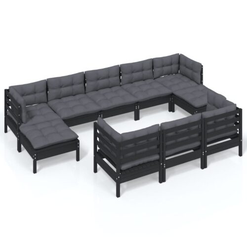 10-Piece Garden Lounge Set with Cushions Black Pine Wood Outdoor Patio Furniture