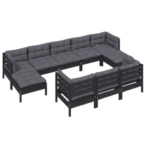 10-Piece Garden Lounge Set with Cushions Black Pine Wood Outdoor Patio Furniture - Image 4
