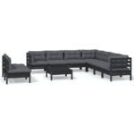 10-Piece Garden Lounge Set with Cushions Black Pine Wood Outdoor Patio Furniture