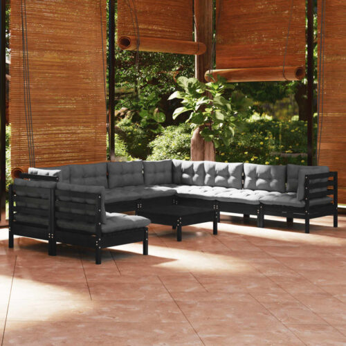 10-Piece Garden Lounge Set with Cushions Black Pine Wood Outdoor Patio Furniture - Image 2