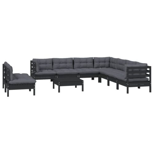 10-Piece Garden Lounge Set with Cushions Black Pine Wood Outdoor Patio Furniture - Image 3