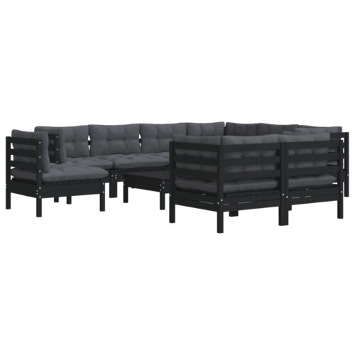 10-Piece Garden Lounge Set with Cushions Black Pine Wood Outdoor Patio Furniture - Image 3