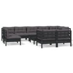 10-Piece Garden Lounge Set with Cushions Black Pine Wood Outdoor Patio Furniture