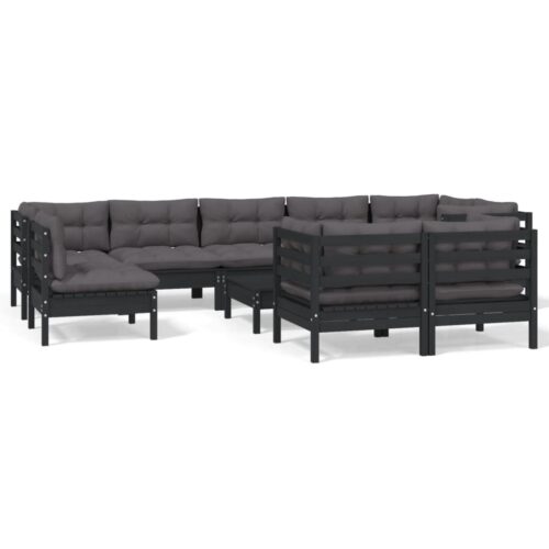 10-Piece Garden Lounge Set with Cushions Black Pine Wood Outdoor Patio Furniture