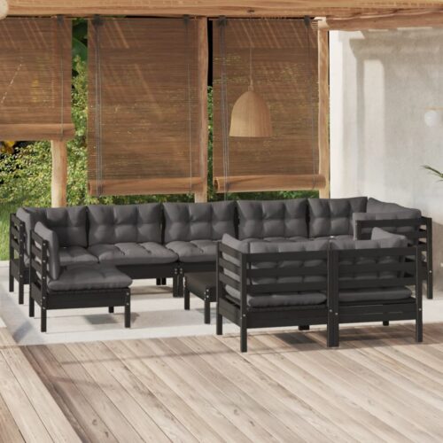 10-Piece Garden Lounge Set with Cushions Black Pine Wood Outdoor Patio Furniture - Image 2