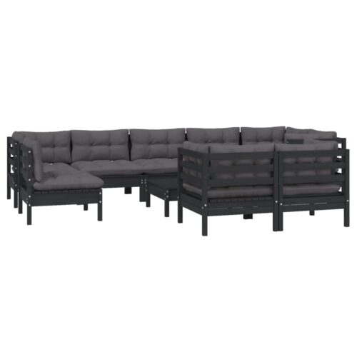 10-Piece Garden Lounge Set with Cushions Black Pine Wood Outdoor Patio Furniture - Image 3