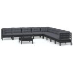 10-Piece Garden Lounge Set with Cushions Black Pine Wood Outdoor Patio Furniture