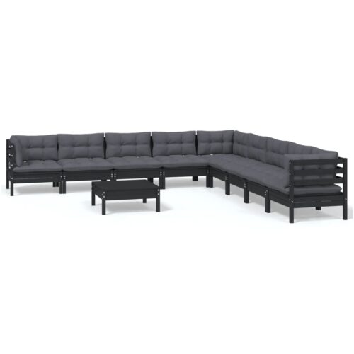 10-Piece Garden Lounge Set with Cushions Black Pine Wood Outdoor Patio Furniture