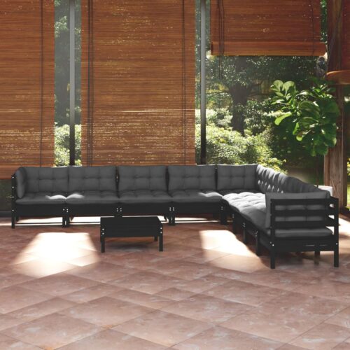 10-Piece Garden Lounge Set with Cushions Black Pine Wood Outdoor Patio Furniture - Image 2