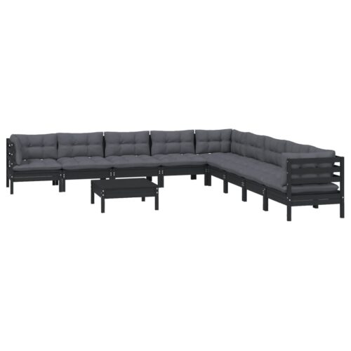 10-Piece Garden Lounge Set with Cushions Black Pine Wood Outdoor Patio Furniture - Image 3