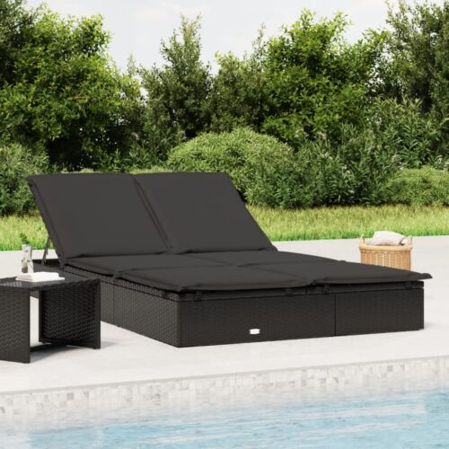 2-Person Sunbed with Cushions Black Poly Rattan - Image 12