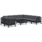 10-Piece Garden Lounge Set with Cushions Black Pine Wood Outdoor Patio Furniture