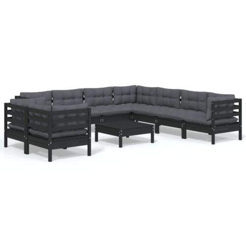 10-Piece Garden Lounge Set with Cushions Black Pine Wood Outdoor Patio Furniture