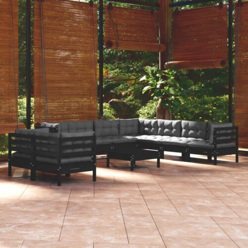 10-Piece Garden Lounge Set with Cushions Black Pine Wood Outdoor Patio Furniture - Image 2