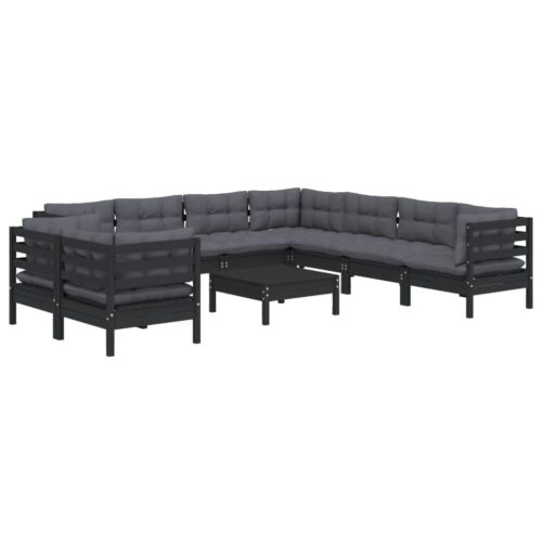 10-Piece Garden Lounge Set with Cushions Black Pine Wood Outdoor Patio Furniture - Image 3