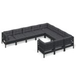 10-Piece Garden Lounge Set with Cushions Black Pine Wood Outdoor Patio Furniture
