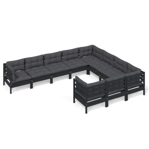 10-Piece Garden Lounge Set with Cushions Black Pine Wood Outdoor Patio Furniture