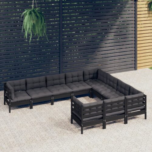 10-Piece Garden Lounge Set with Cushions Black Pine Wood Outdoor Patio Furniture - Image 2