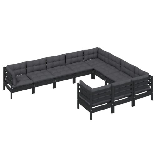 10-Piece Garden Lounge Set with Cushions Black Pine Wood Outdoor Patio Furniture - Image 3
